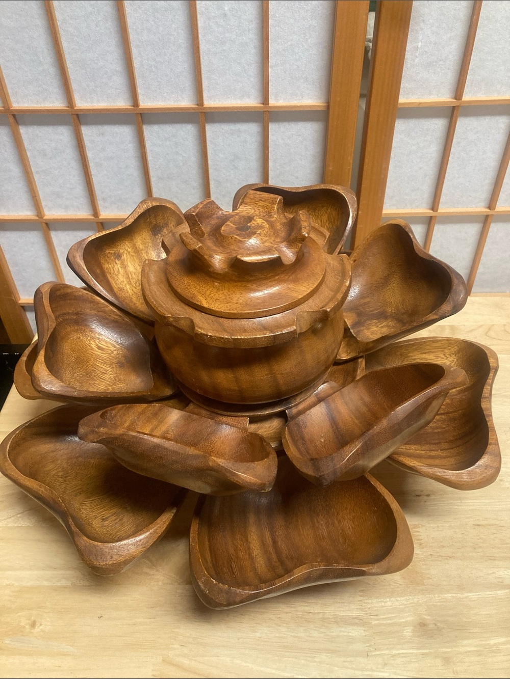 Vintage MCM Monkey Pod Wood Lotus Flower Lazy Susan Serving Set
